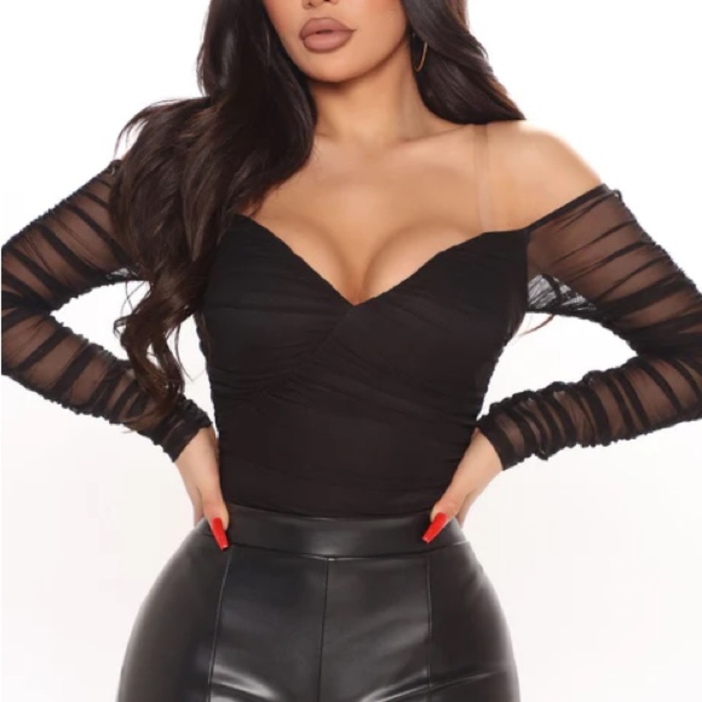 Fashion Nova Black Sheer Sleeve Mesh Detail Bodysuit NWT